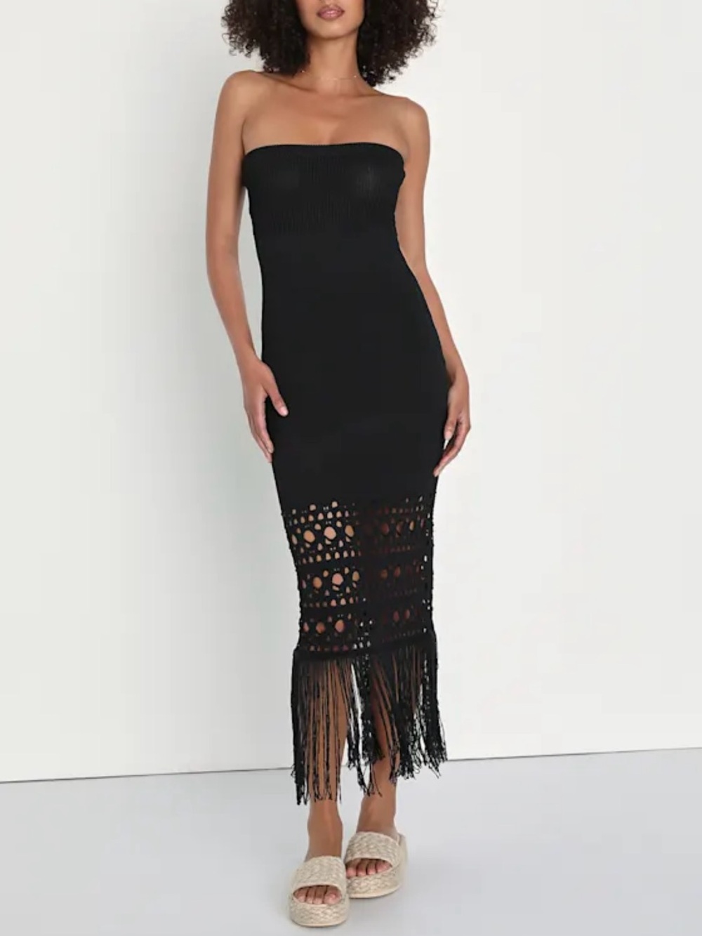 Lulus Tulum Trend Black Crochet Fringe Strapless Sweater Dress - Size XL
